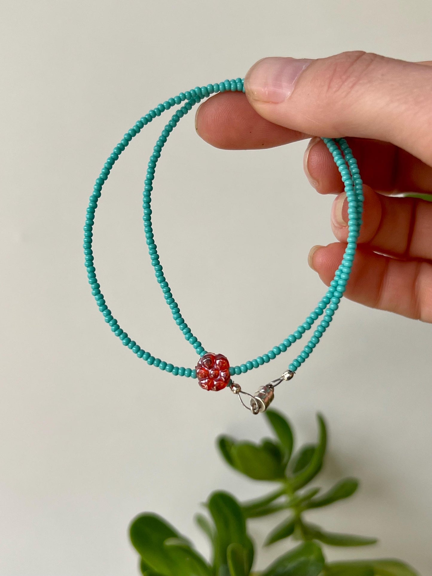 Minimalist Seed Bead Boho Choker Necklace Sterling Silver Magnetic Clasp Eclectic Design Teal Beads w/ Red Glass Flower Statement Bead