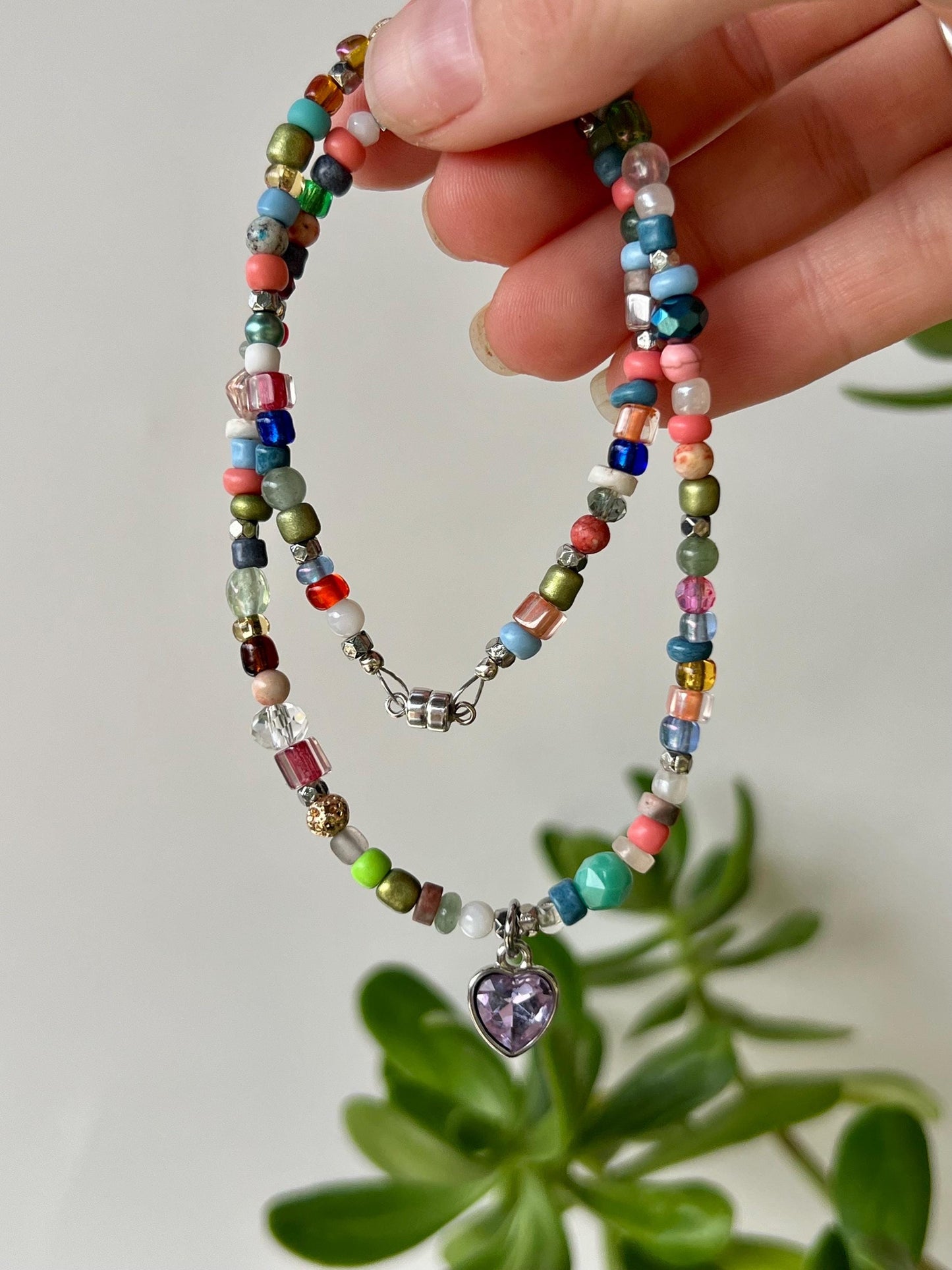Boho Beaded Choker Necklace Lavender Heart Charm Pendant Sterling Silver Magnetic Clasp Eclectic Minimalist Design