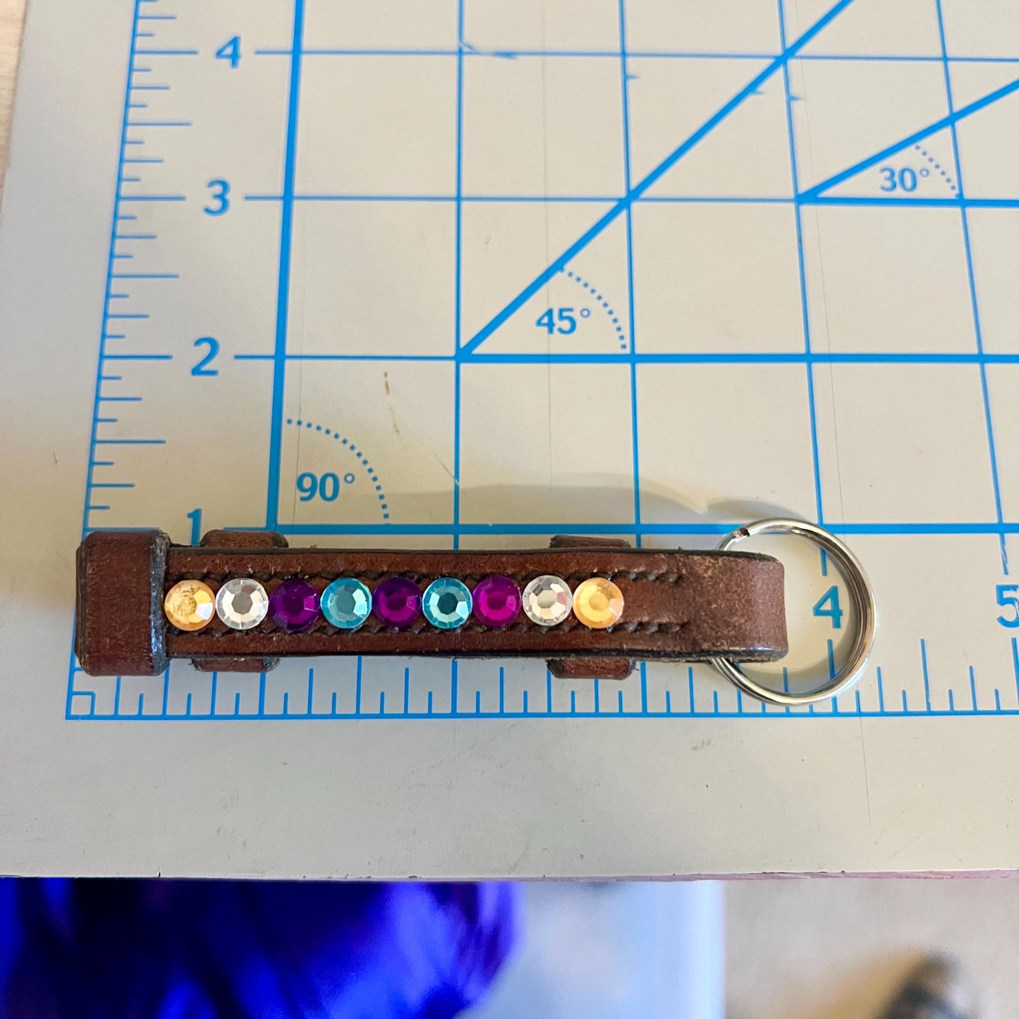 Leather Keychain Equestrian Gift Cowgirl Western English Reclaimed Leather Goods Peach Purple Aqua White Rhinestone Keyring