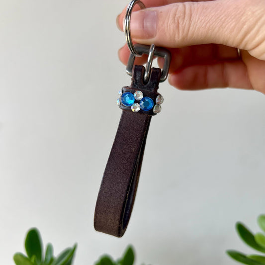 Leather Keychain Equestrian Gift Cowgirl Western Reclaimed Leather Goods Blue White Rhinestone Keyring